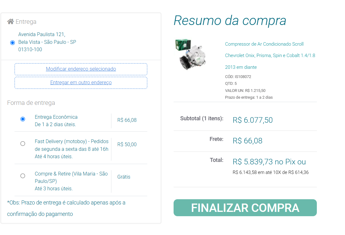 Checkout atual da QualyAir com entrega econômica, entrega expressa e retirada